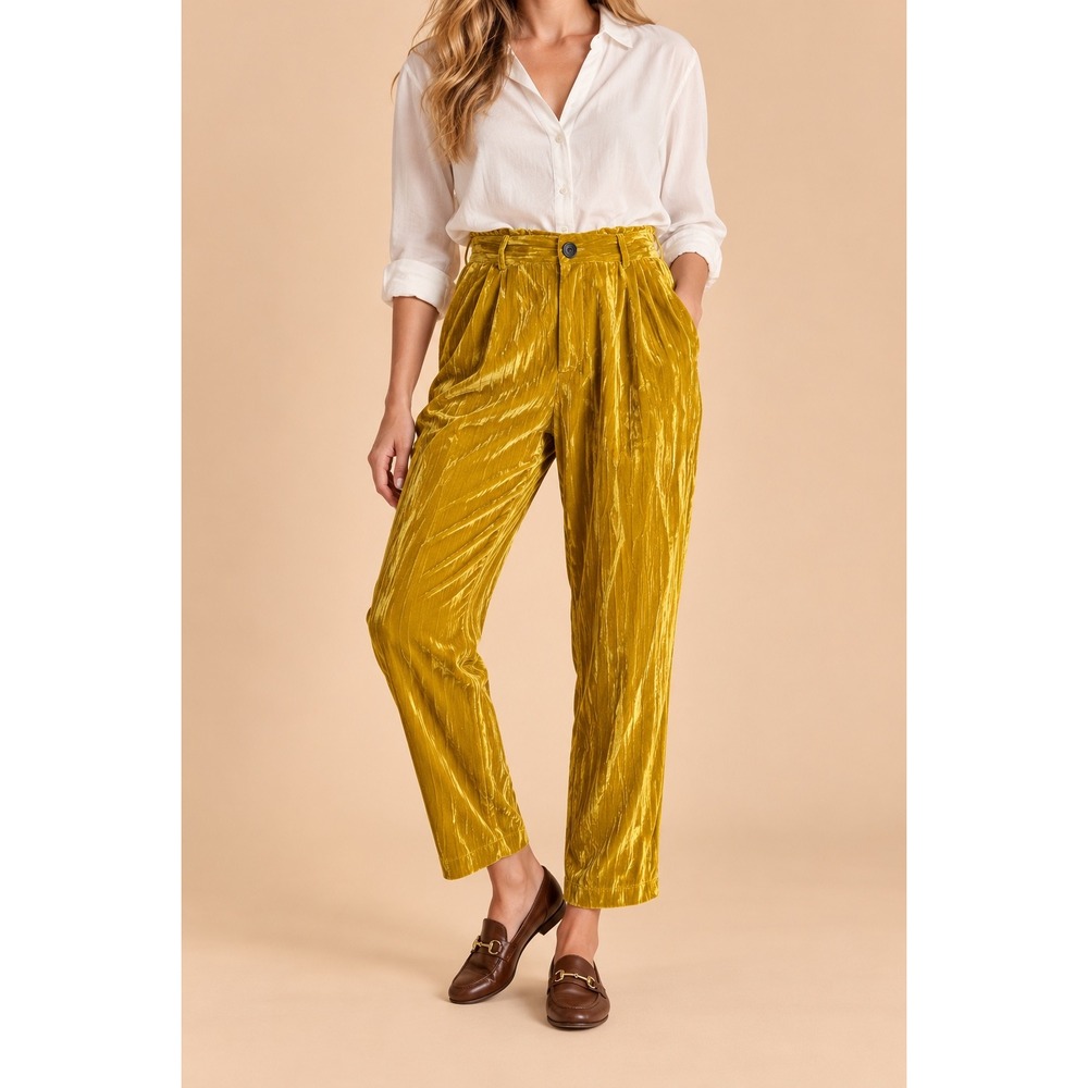 Scandal Italy Juliana Mustard Yellow Pleated Velvet Paperbag Pants Size L